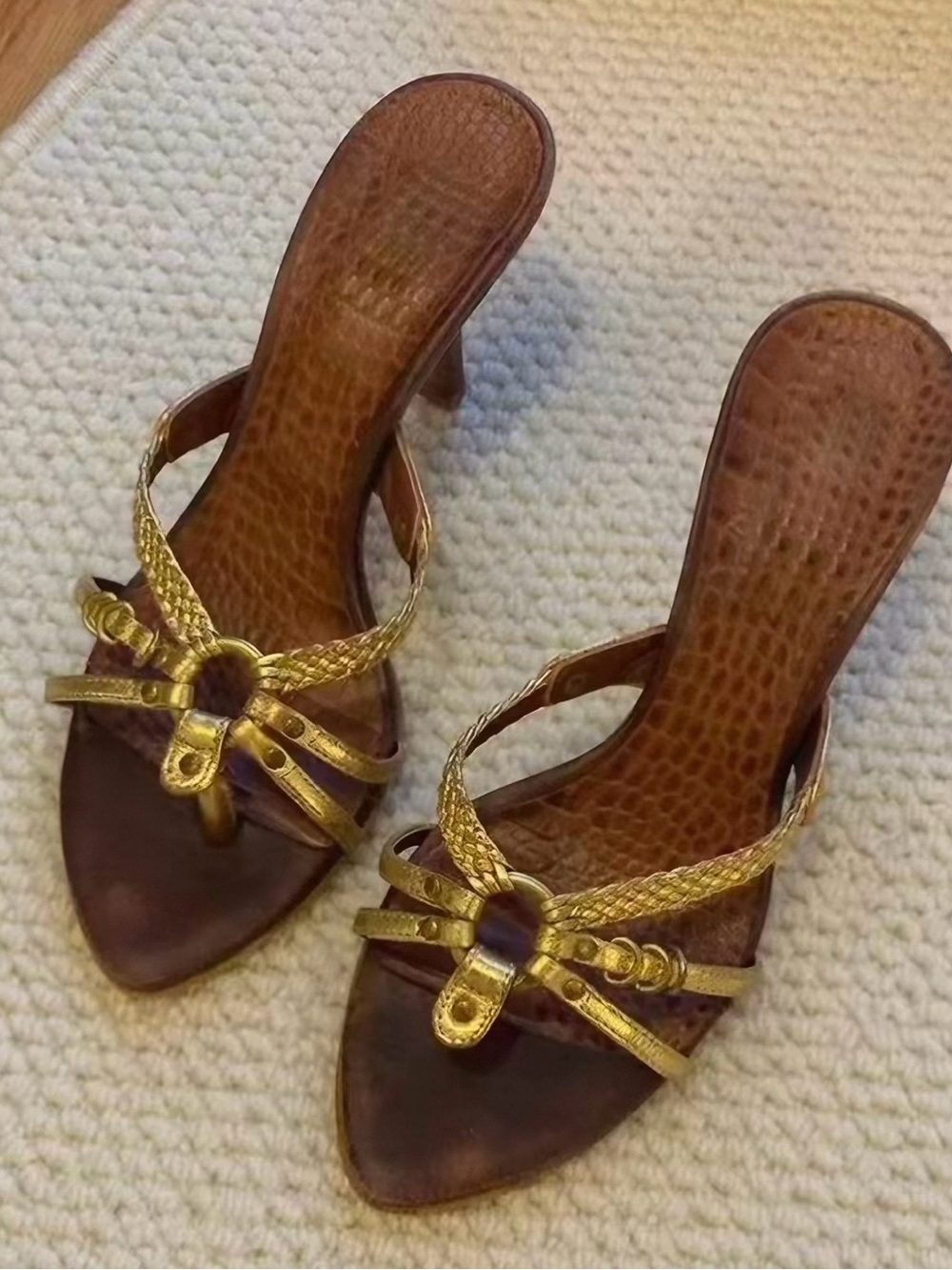 Gold Braided Strap Brown Slide Sandals